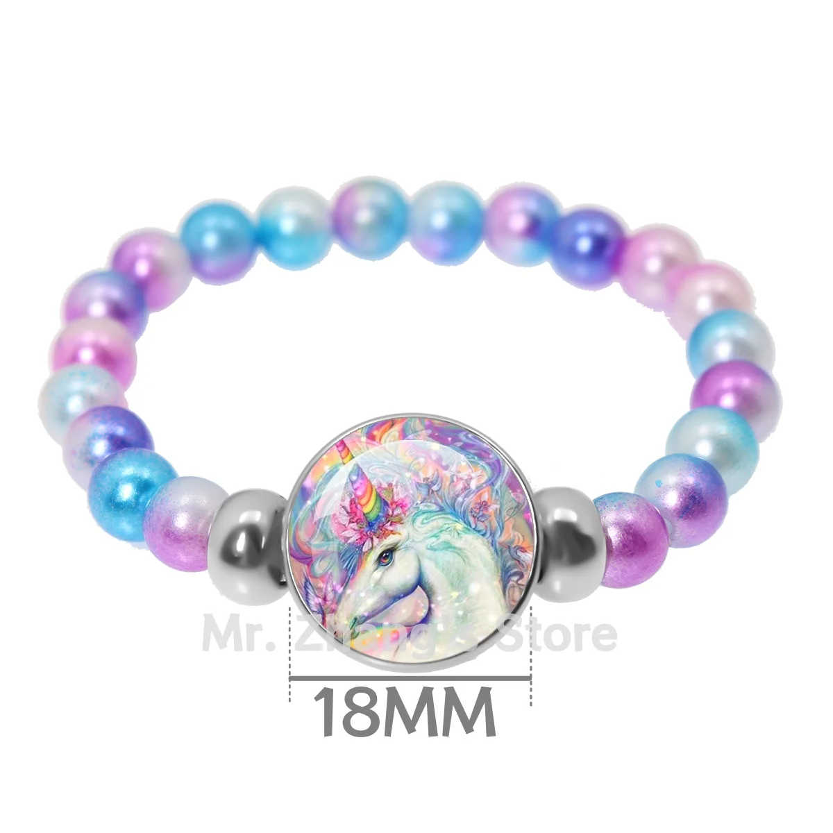 Colorful Bead String Bracelet Fashion Art Cartoon Unicorn Girl 18MM Glass Cabochon Convex Bracelet Children's Gift Jewelry