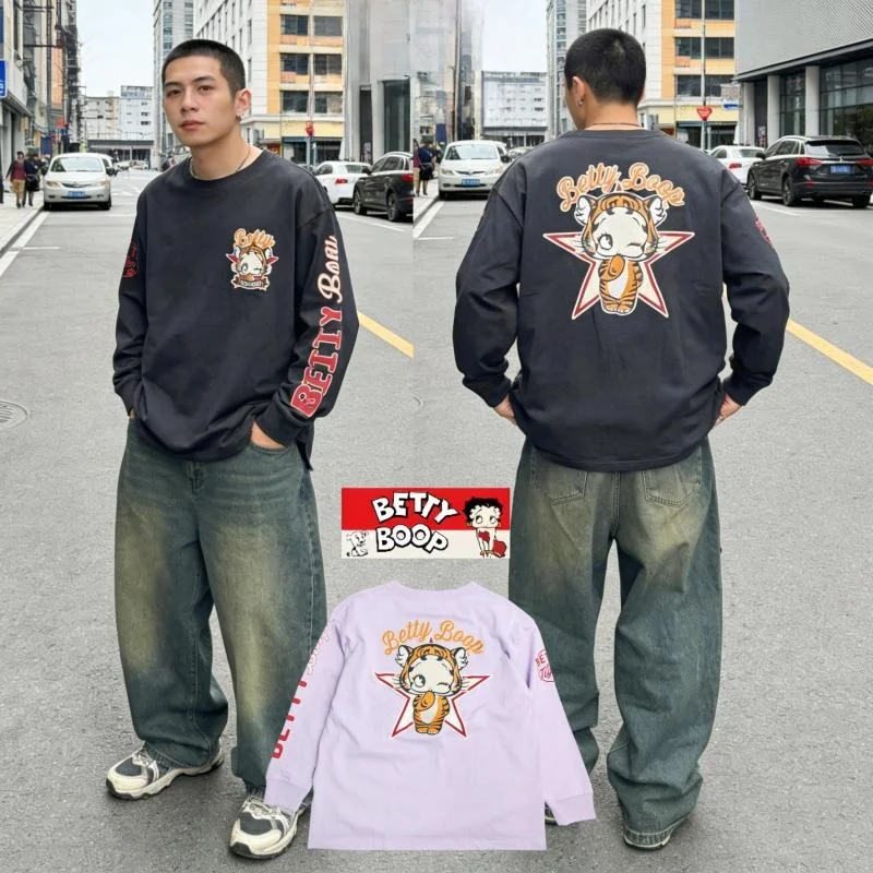 

95th Anniversary Embroidered Cute Baby Betty Little Tiger Oversize Long Sleeve T-Shirt Loose Fit Youthful Cartoon Print Unisex