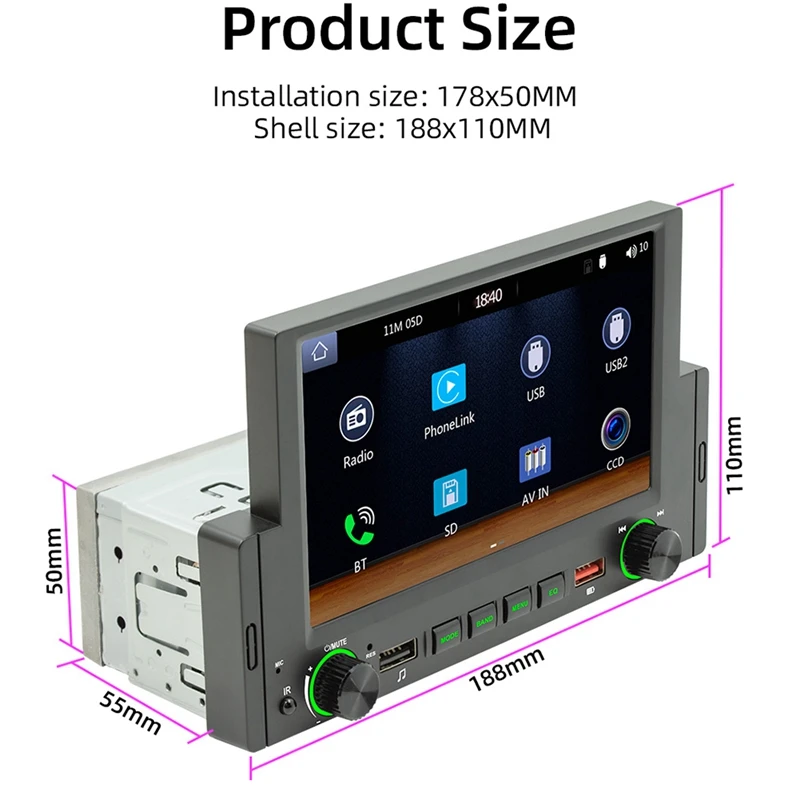 Unidade de Cabeça de Rádio Estéreo Do Carro A, 1Din, 6.2 Polegada Screen, Carplay, Estéreo, Bluetooth, MP5 Player, 2USB, Receptor FM, Sistema de Áudio