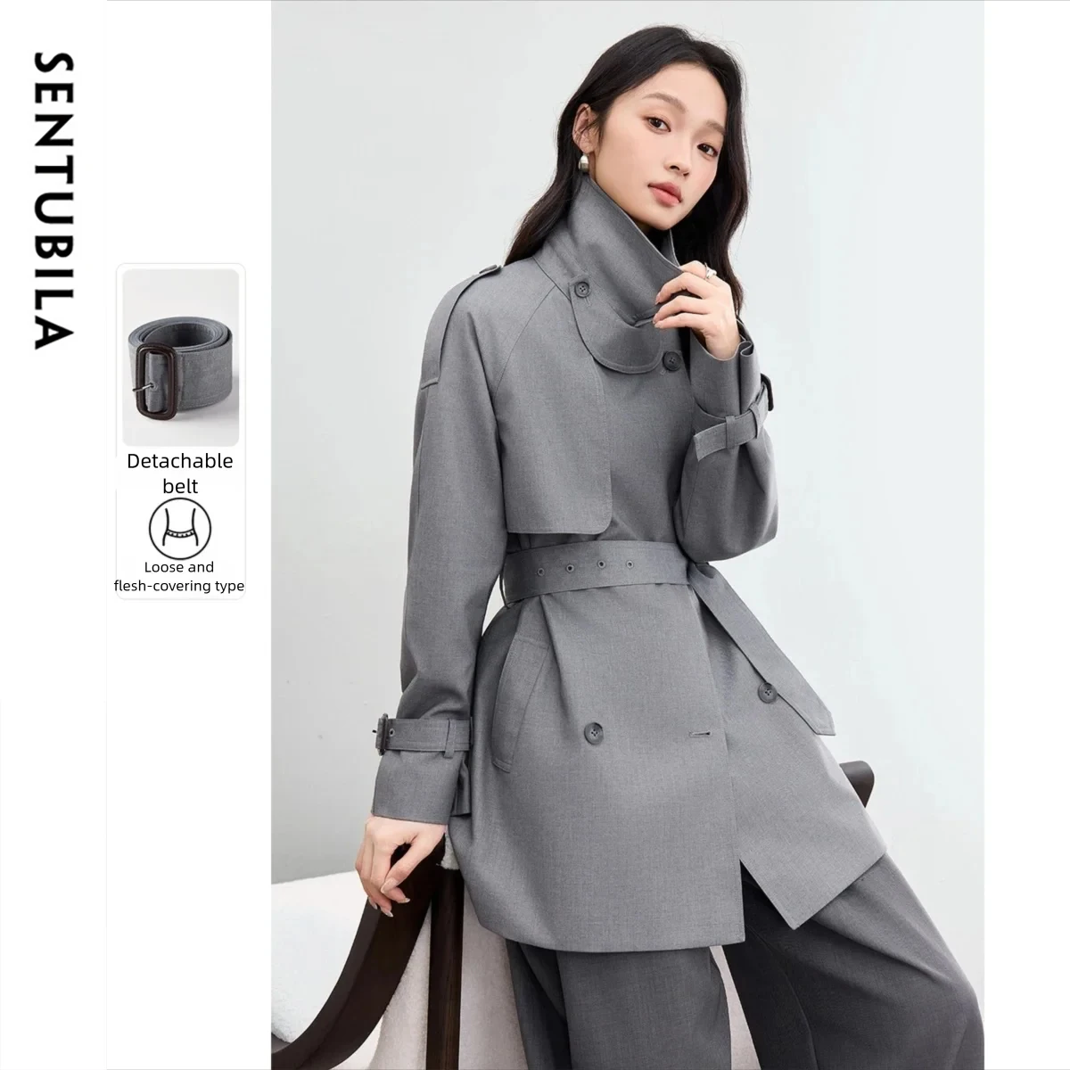 

SENTUBILA Women's Trench Coat Casual Grey Turn-down Collar Detachable Belt Coat 2025 Autumn Loose-fit Mid-Length Coat 153FB3145