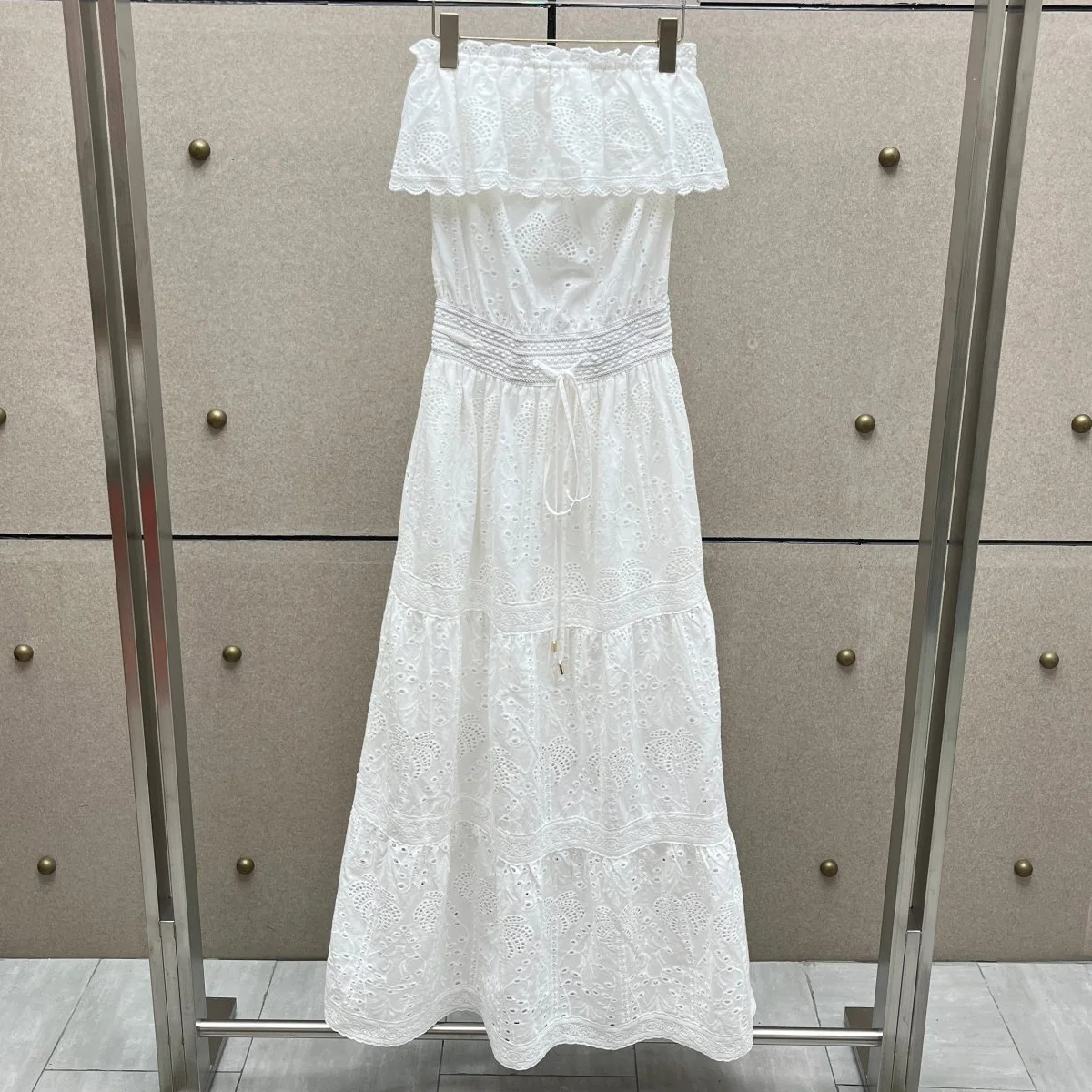 High Quality Women Off Shoulder Ruffle Midi Maxi Dress Hollow Embroidery Drawstring Waist Tiered Vacation Long Dress