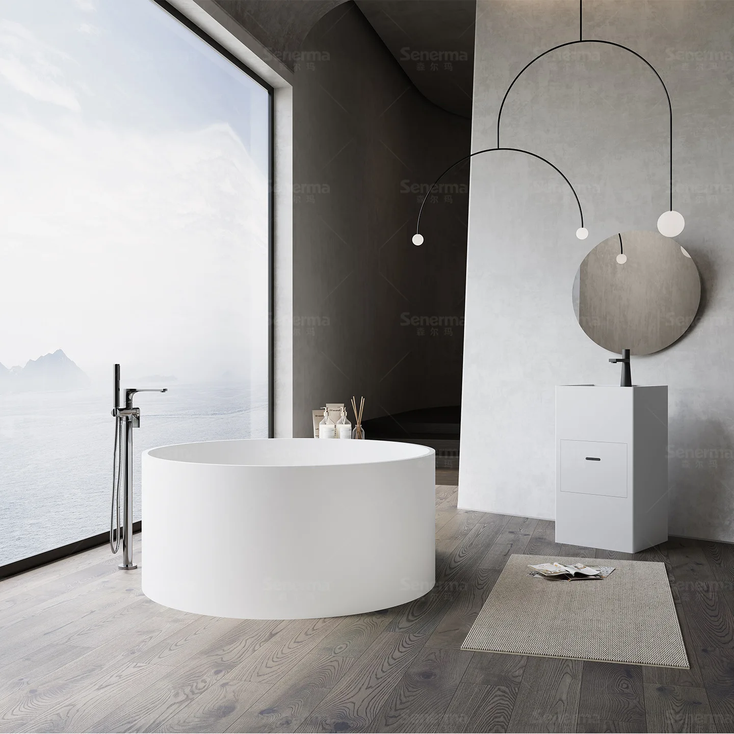 Regular round large-capacity artificial stone bathtub, bathtub with thin edge integrated independent hotel
