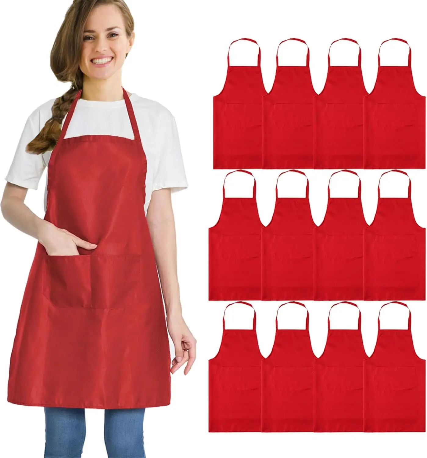 

12 Pack Red Aprons for Women Men with 2 Pockets-Artist Baking Cooking Kitchen Aprons Bulk(24x28 inch, Red)