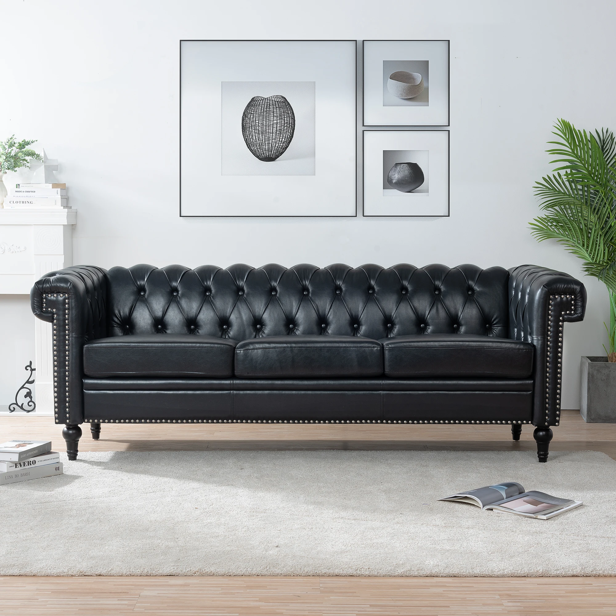 

#Vintage Black Tufted Genuine Leather Sofa Couch Luxury Living Room Chesterfield 3 Seat Set Convertible Hotel Lobby Furniture