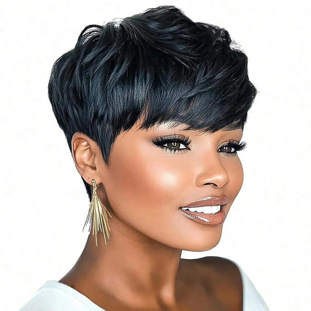 Короткий прямой парик с стрижкой пикси Бразильские парики из натуральных волос с предварительно выщипанной челкой для женщин Машинное производство 100% человеческие волосы Ежедневное использование