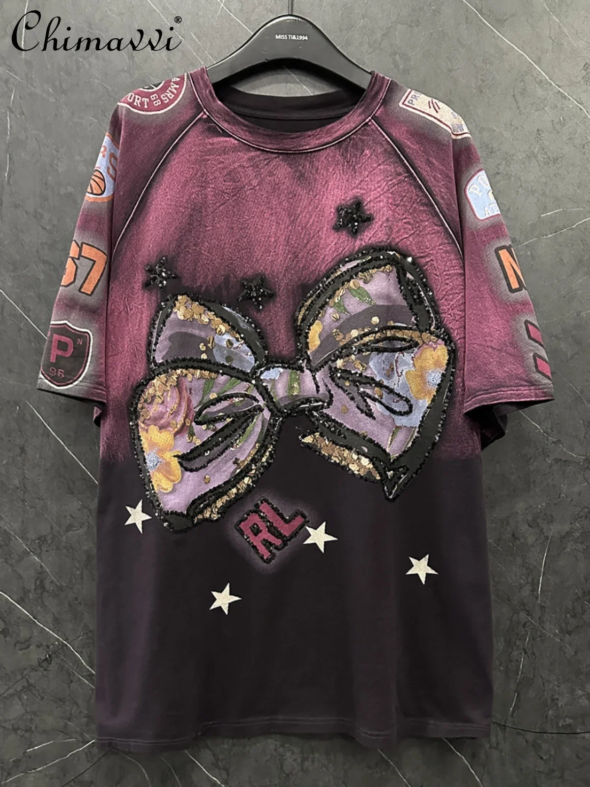 

2025 Spring New Heavy Sequined Bow Gradient Short-sleeved T-shirt Women's Loose Fashion Mid-length T-shirt Top Outerwear