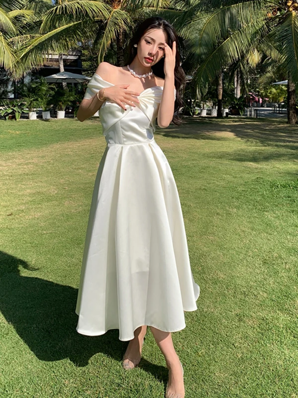 シルクサテンの誕生日ドレスロングスカートワンショルダーストラップレス妖精プリンセスガウンポリエステルハイウエストフォーマルイブニングドレス