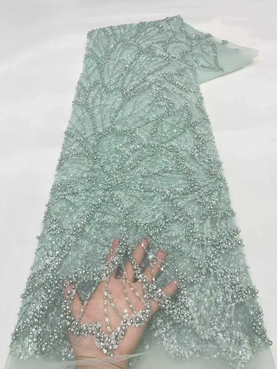 African Fabric Lace Wedding Dress Sequins Lace Fabric 2026 Luxury White Beaded 5 Yards French Mesh for Wedding Dress Sewing 1912