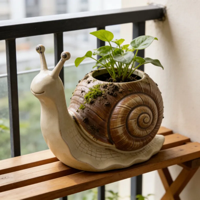 Snail Shaped Resin Planter Pot, Cute Rustic Succulent Flower Pot for Small Plants & Cacti, Boho Garden Decor for Desk, Shelf, Wi