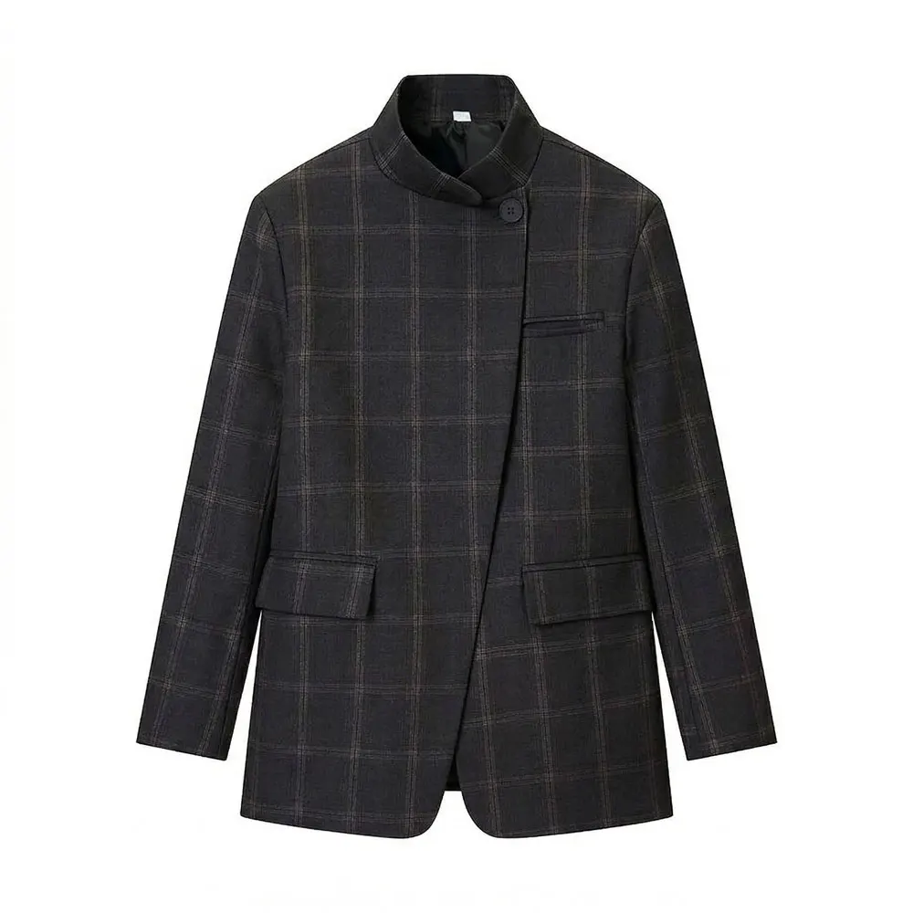 HH Damesmode Geruite Blazerjas Met Opstaande Kraag Lange Mouwen Jas 2026 Lente Trend Casual Kantoor Dame Chic Buitenkleding