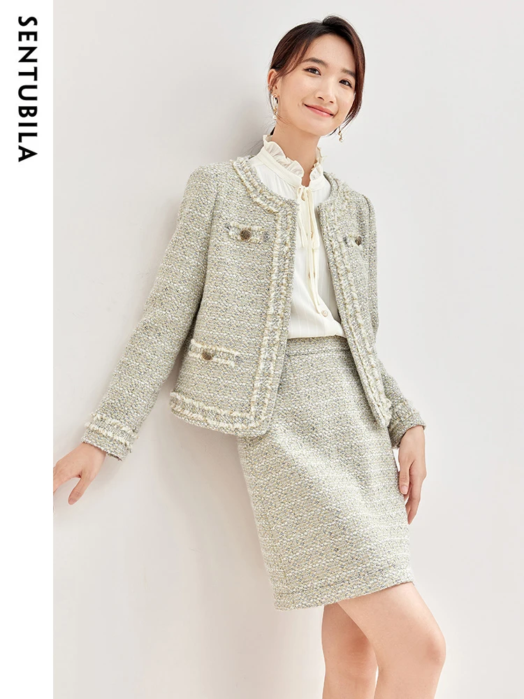 SENTUBILA Elegant Tweed Set Women\'s Outfits Cropped Jacket A-line Mini Skirt 2024 Spring Autumn 2 Piece Matching Sets 133Z50708