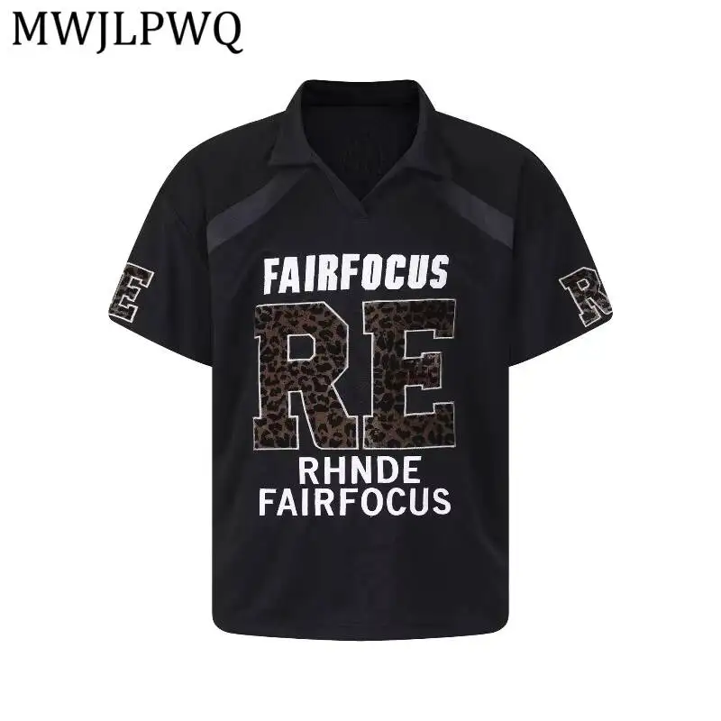 MWJLPWQ American Street Style Leopard Print Letter Embroidered Short-Sleeve T-Shirt Summer Loose Casual Printed Tops 17027
