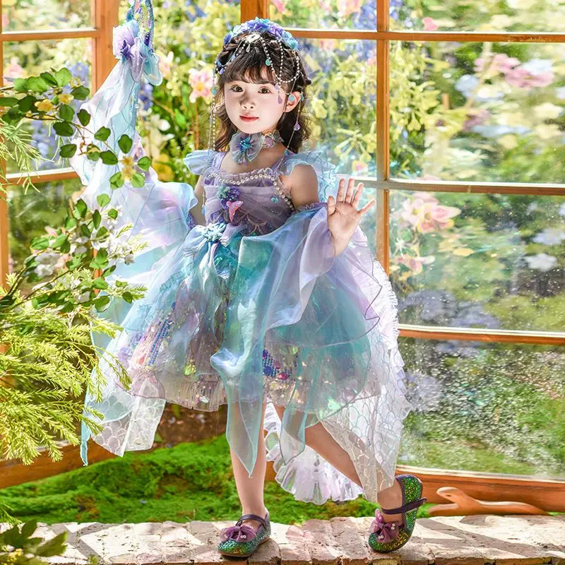 Summer Backless Lolita Ball Gown Dress Girls Kids Sets Princess Shiny Dress Birthday Party Childrens Gauze Clothing Bow Sundress