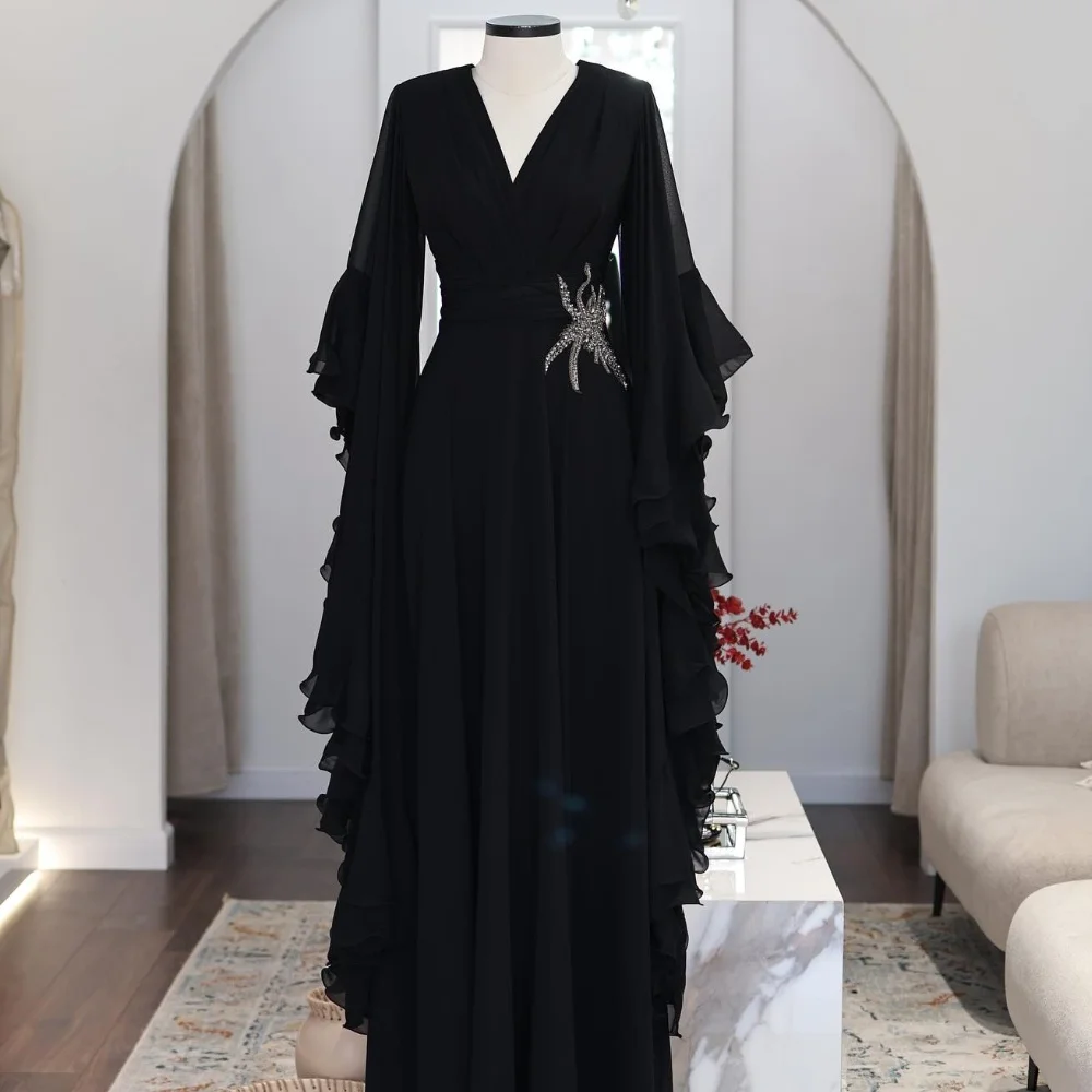 

Customized Modern Style Elegant Chiffon Rhinestone Sequined Pleat A-line V-neck Long Dresses Bespoke Occasion Dresses Fashion