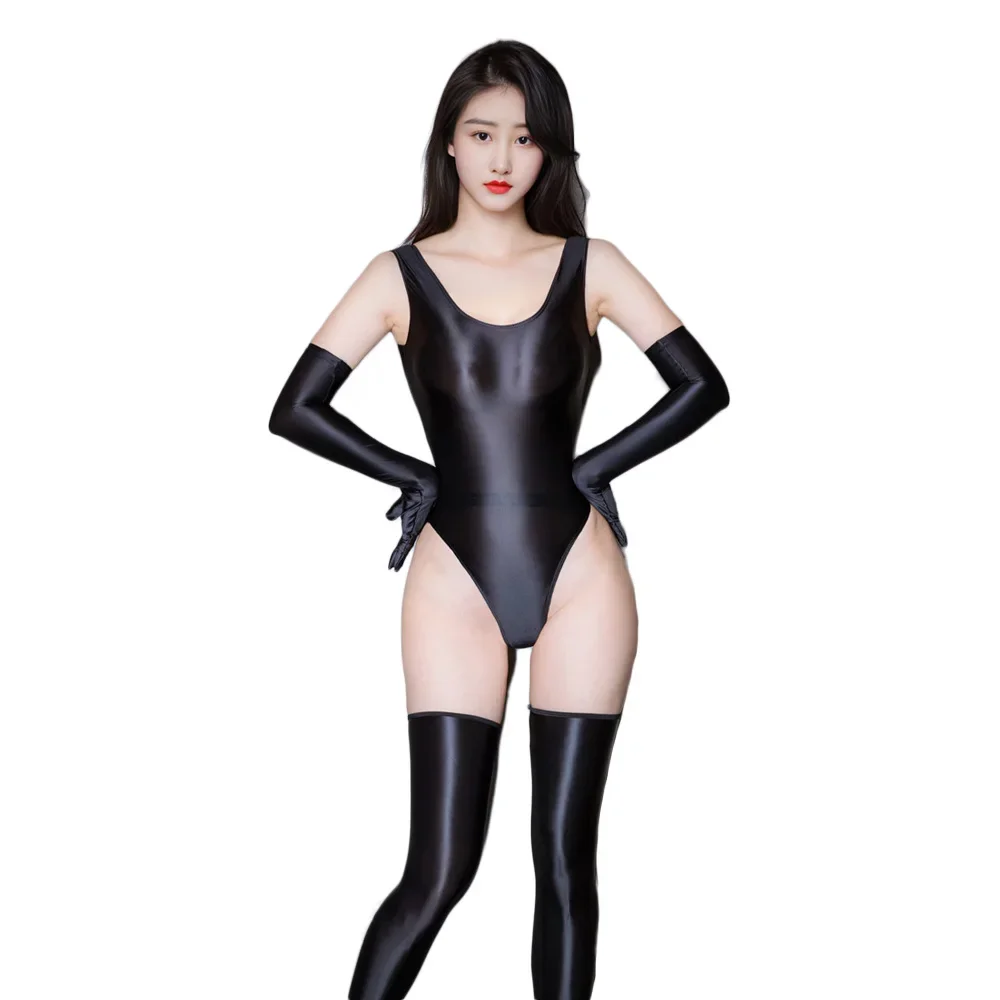 Oil Glossy Swimsuit for Sexy Women Backless High Cut Bodysuit Smooth Elastic Yoga Shaping Leotard Candy Color Club Party Outfits