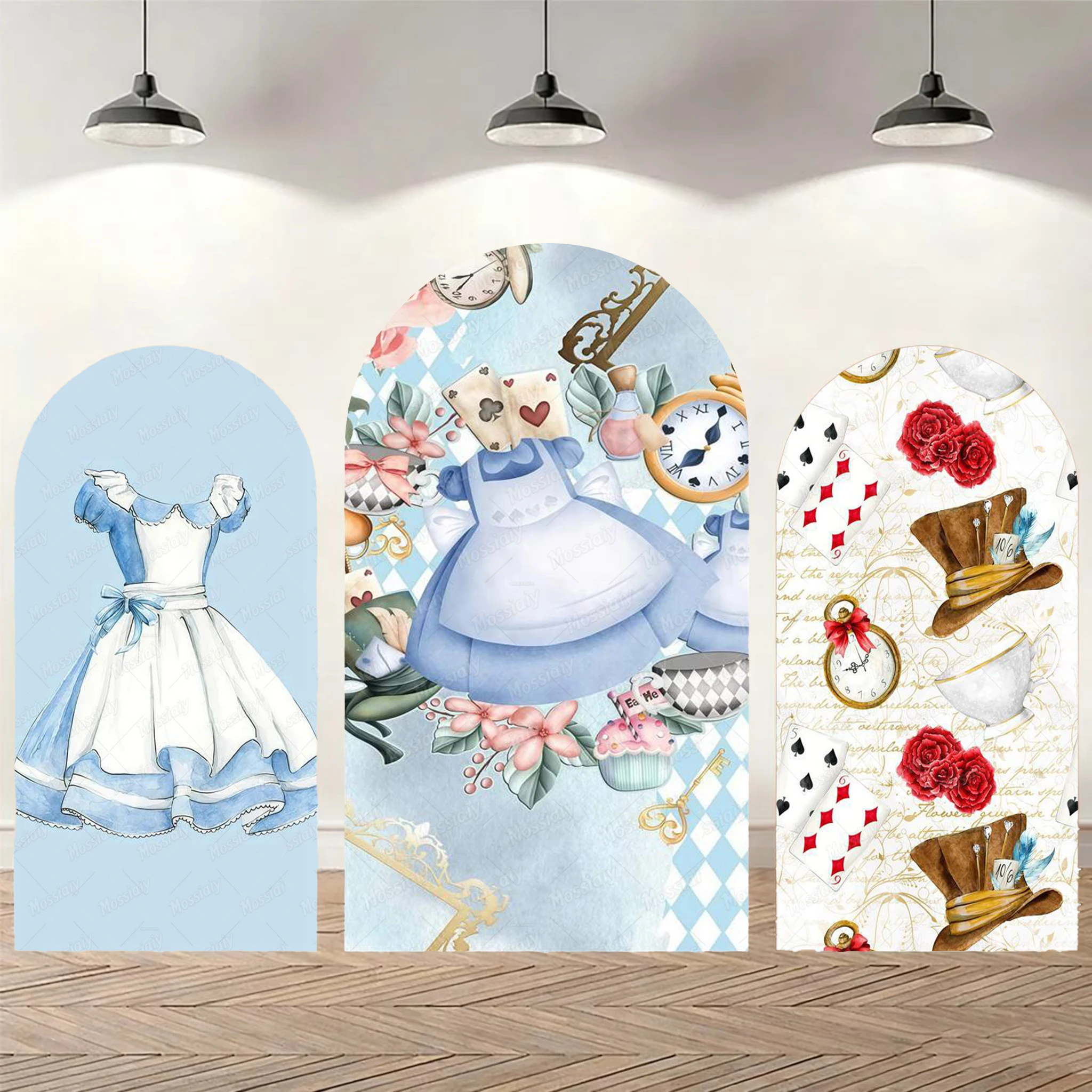 Alice im Wunderland Prinzessinnen-Party Bogen-Hintergrund Geburtstag Teeparty Fotografie Blumen Taschenuhr Kulisse Kinder-Fotohintergrund
