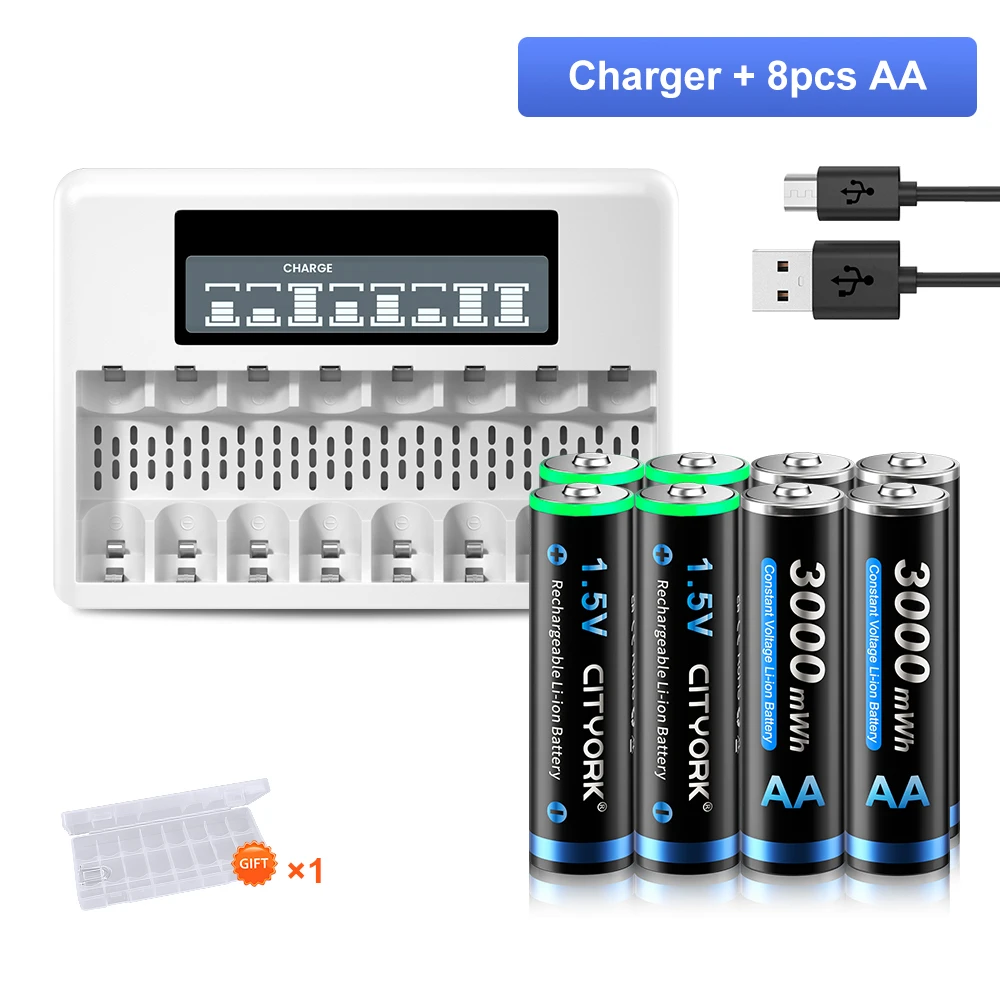 

PALO 1.5V AA Li-ion Rechargeable Battery 3000mWh + LCD Smart 1.5V Lithium AA AAA Battery intelligent Display Fast Charge 8 Slots