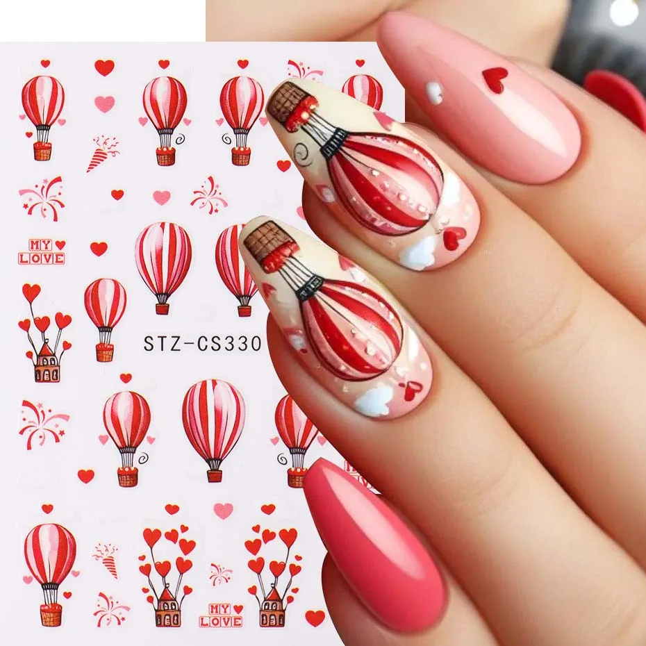 Autocollants pour Nail Art, ballon en forme de cœur d'amour, pour la saint-valentin, Design mignon, autocollants auto-adhésifs pour Nail Art, curseur, accessoires de manucure, 2 pièces