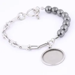 2pcs Stainless Steel Hematite Stone Bracelet Base Blanks Fit 20mm Cabochon Bezel Settings Diy Jewelry Making Accessories