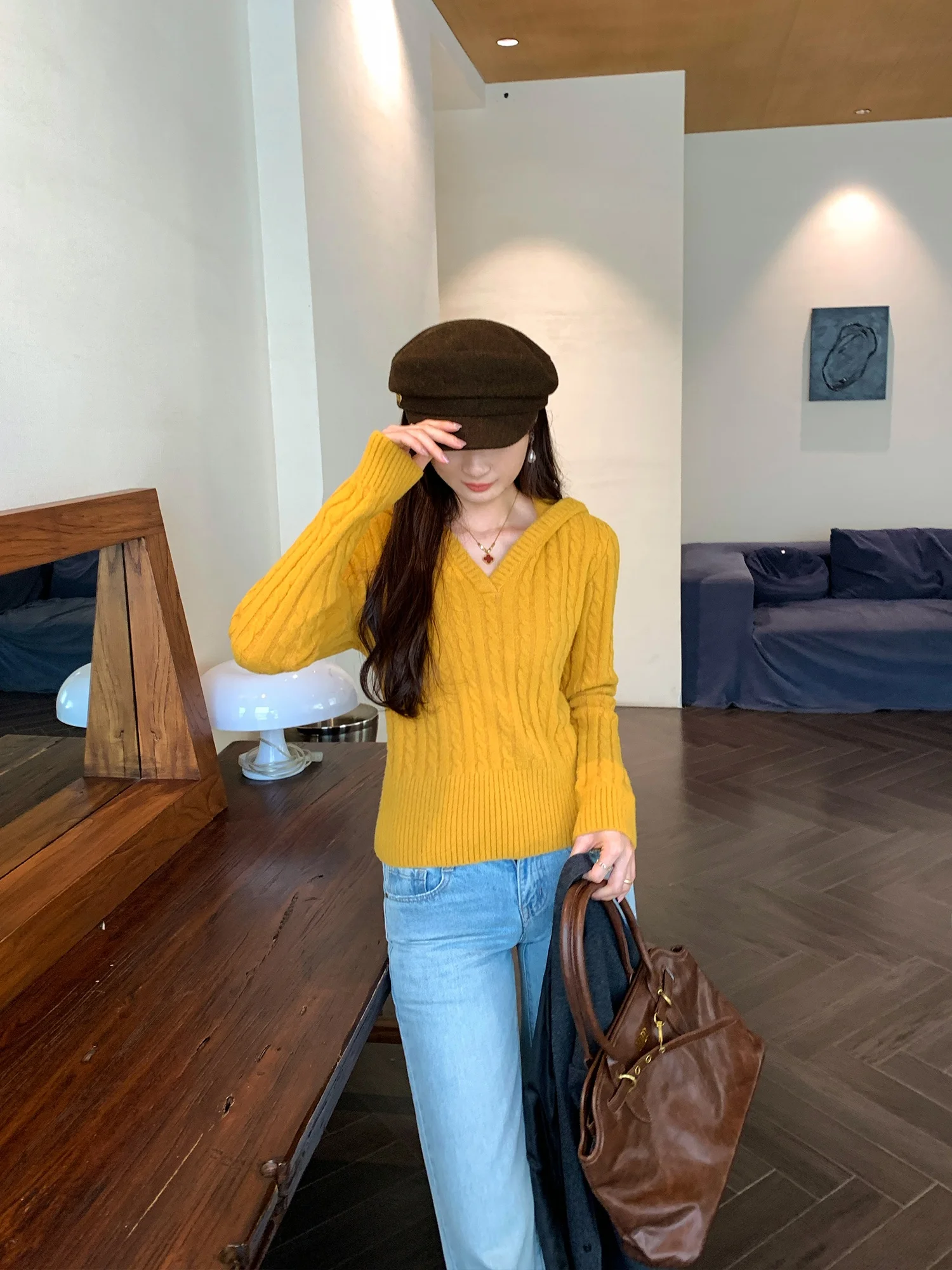 

Chic Knitted Turtleneck Sweater Women's Slim Fit Autumn Winter Fashion Yellow Twist Knot Hat Hoodie Slimming Outerwear