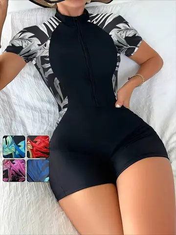One Piece Floral Swimwear Swim Suit Women Short Sleeve Swimsuit Zip Front Tropical Plant Surfing Sun Protection（No built-in bra