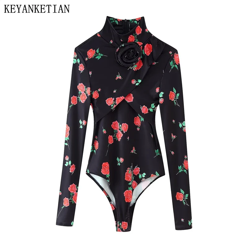 

KEYANKETIAN Spring/Autumn New Women's Applique Decoration Rose print Bodysuit Hot sweet Mock Neck Long Sleeve T Shirt Chic Top