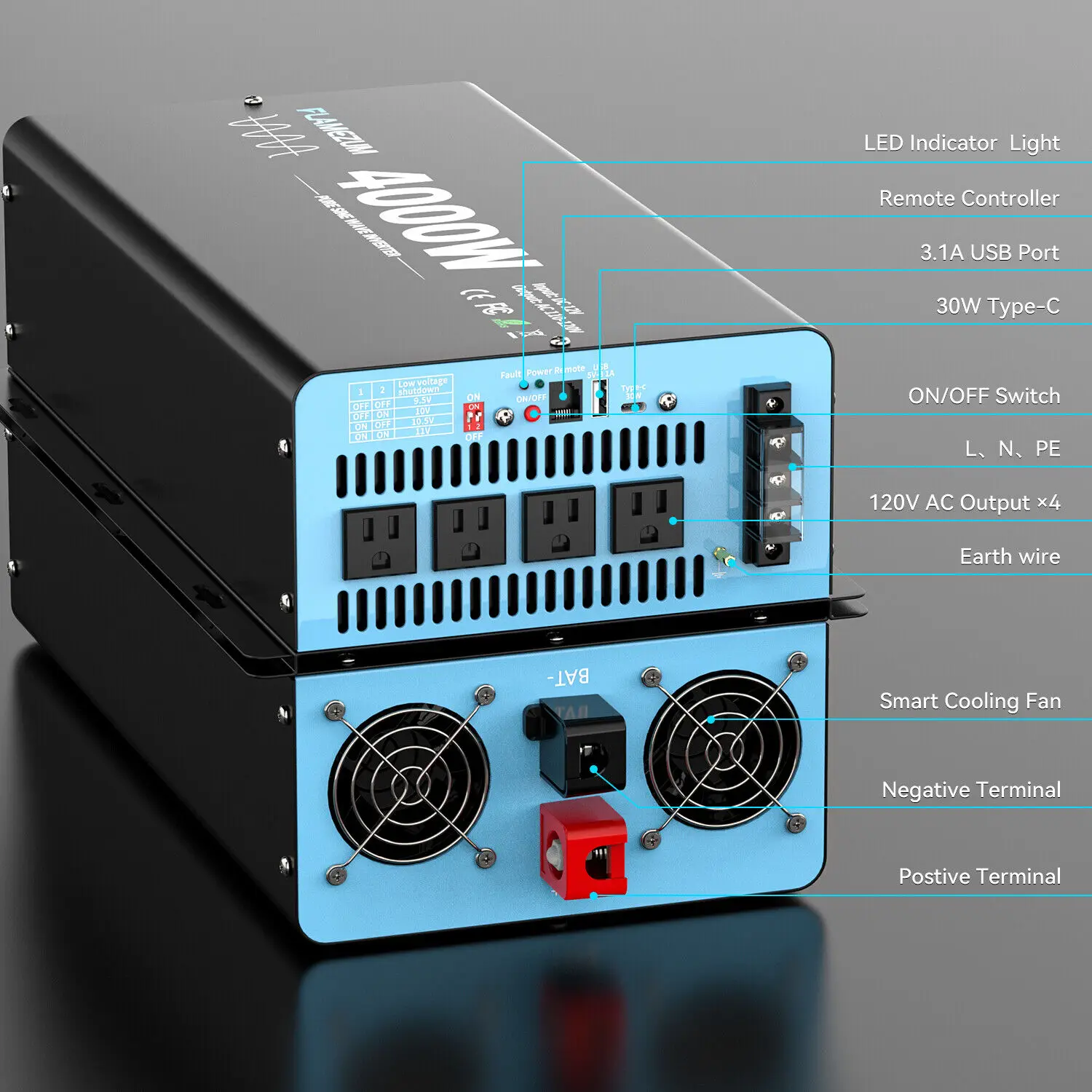 2500 W/3000 W/4000 W Wechselrichter, reine Sinuswelle, DC 12 V bis AC 110 V, 120 V, mit Fernbedienung und USB-LCD-Display für Fahrzeuge, Wohnmobil