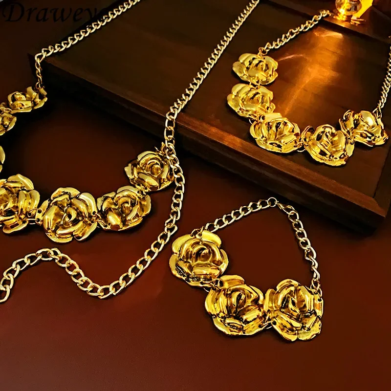 Draweye Gold Color Flowers Necklace for Women Vintage Korean Fashion Party Jewelry Exaggerated Elegant Collares Para Mujer