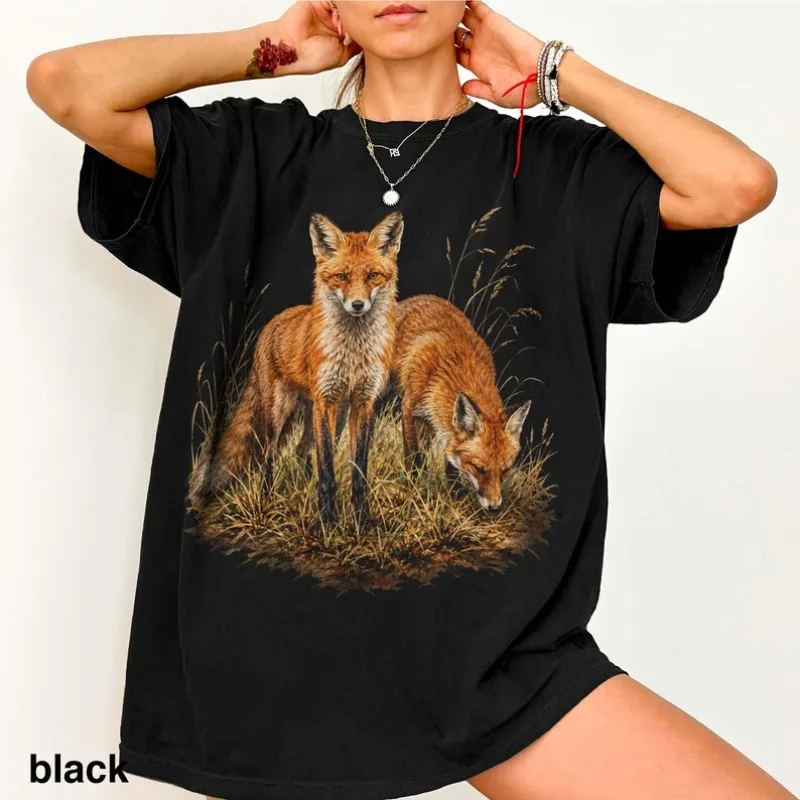 Retro Red Fox Pattern T-shirt, Forest Wildlife Shirt, Rural Forest Natural Style Top, Fox Enthusiast Gift
