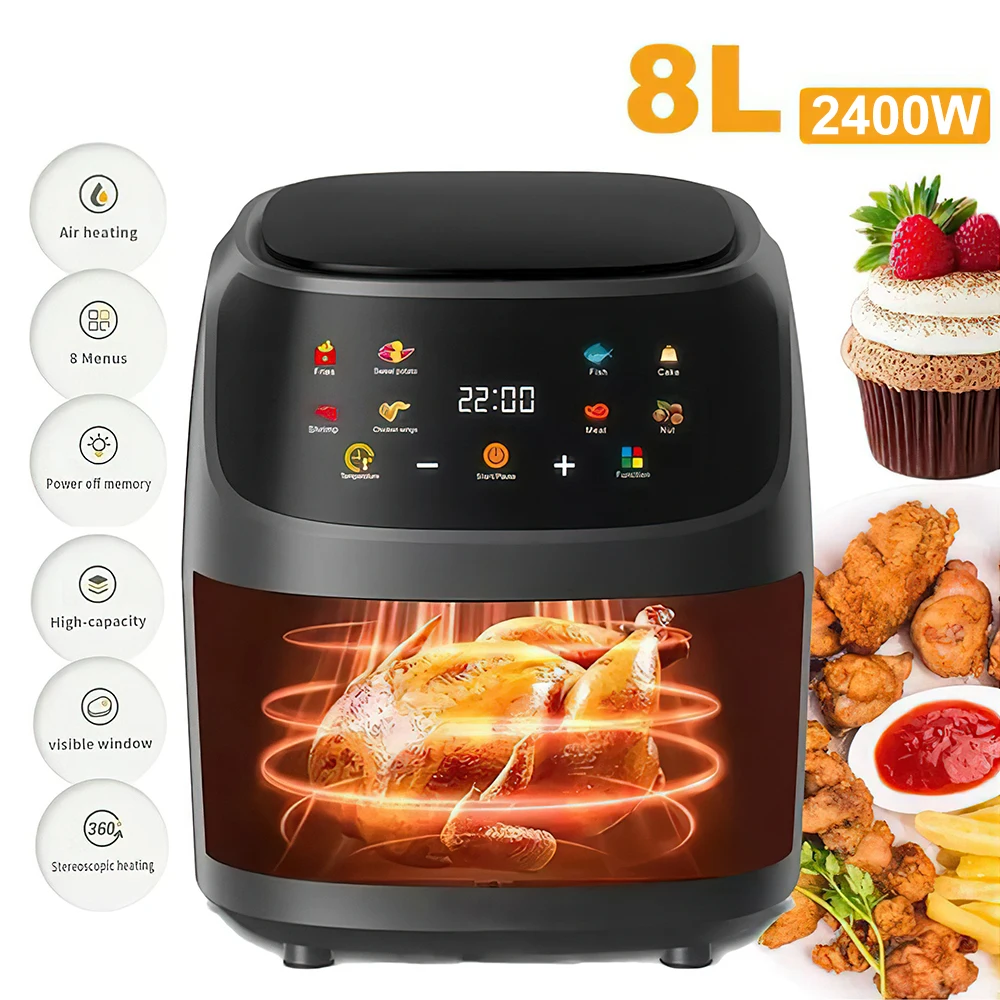 Freidora de Aire de 1400W y 8L Sin Aceite, Programable, Inteligente, con Pantalla Táctil LED, Horno de Ciclo Térmico para Cocinar Papas