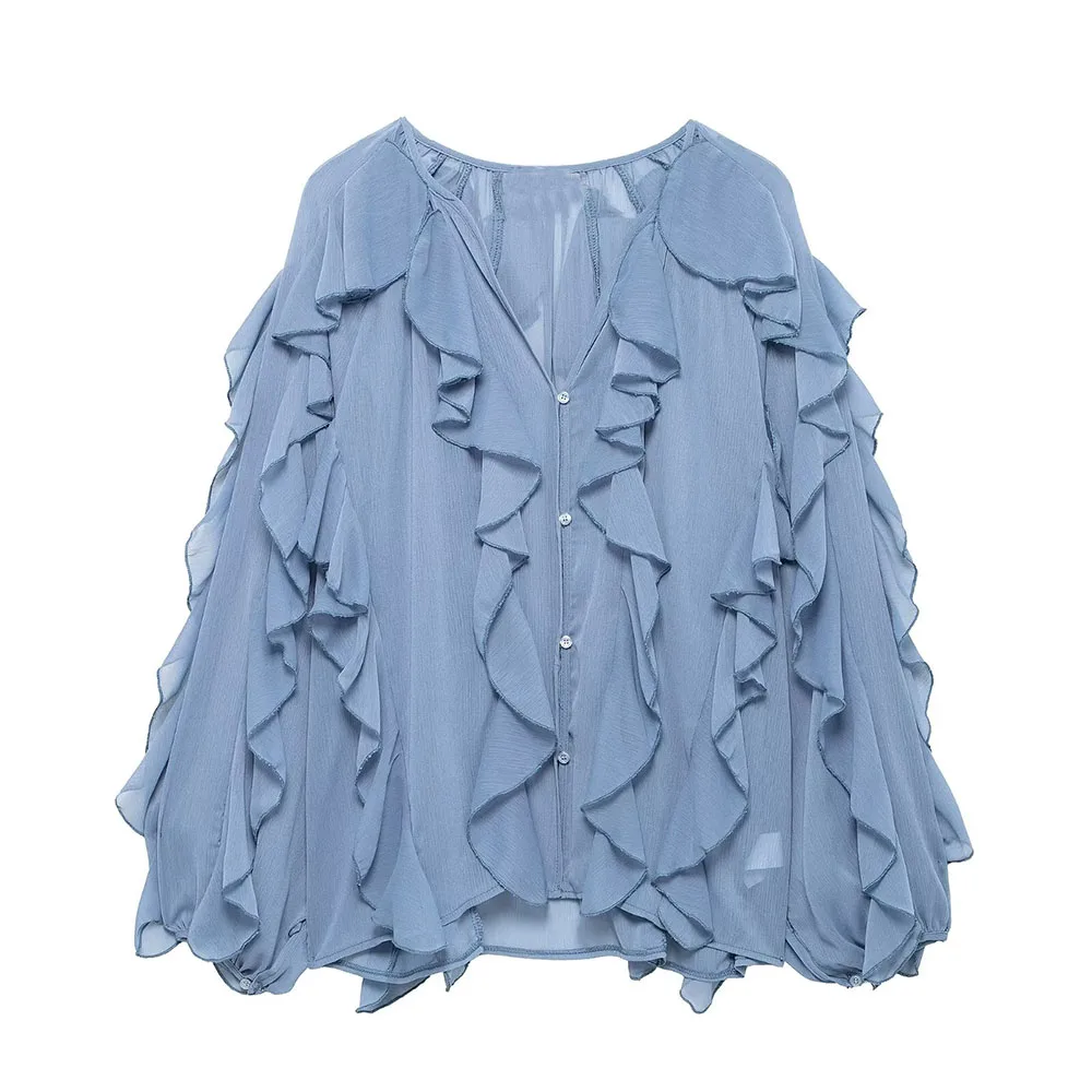 

TRAF Women 2025 Spring New Fashion Tongle Style Laminated Decorative Shirt Chic V-Neck Long Sleeve Casual Top Blouses Mujer