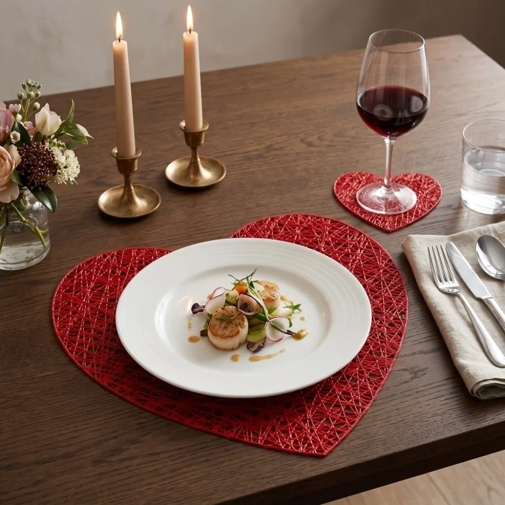 2 pcs PVC Heart PVC Placemat Set Heart 15 in+3.94in Matching Coaster Set Gold, Silver，Red Valentine Table Mat Valentine Party