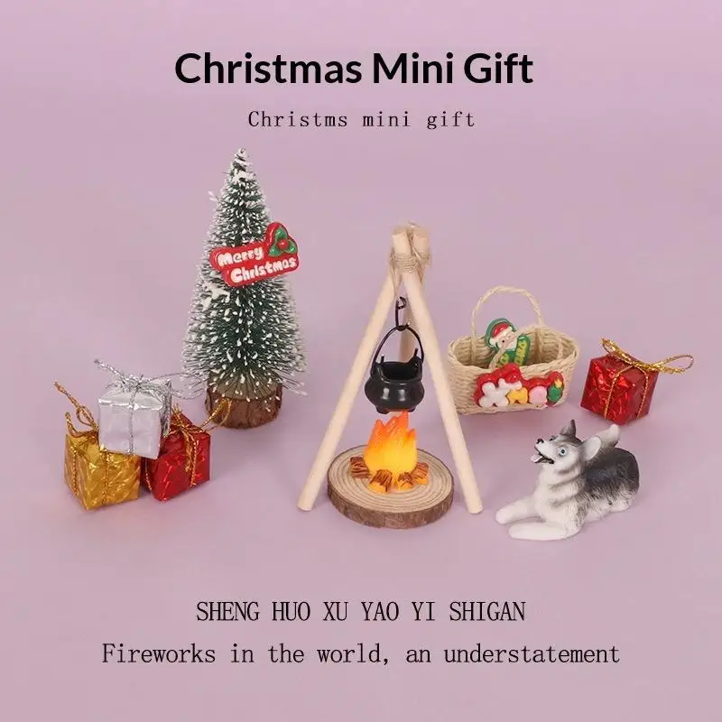 Mini Christmas Dollhouse Decor Camping Campfire Scene Figurine Realistic Model for Fairy Garden Holiday Display