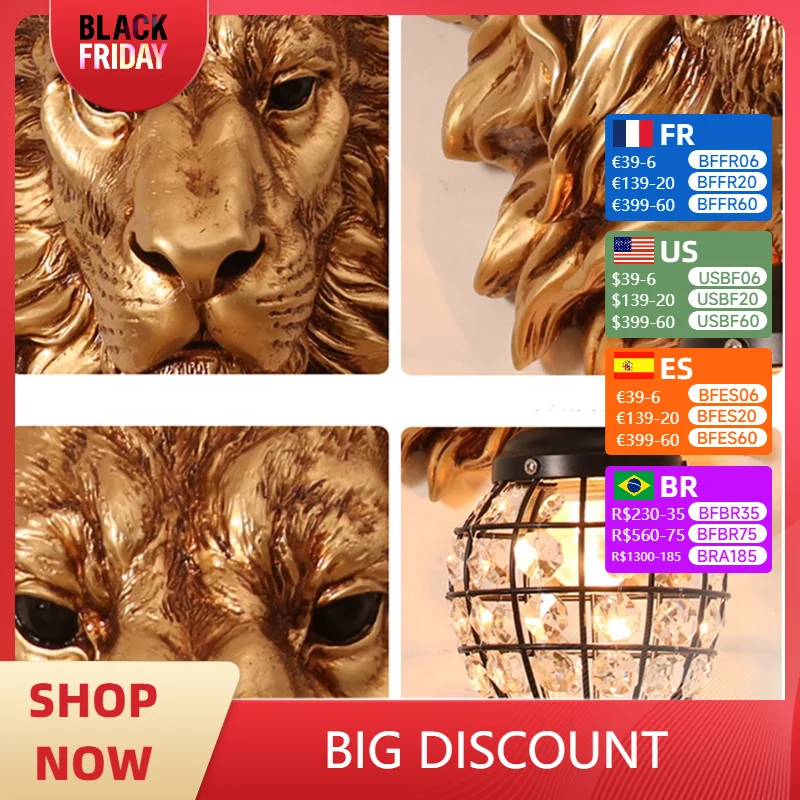 Modern Luxury Lion LED Wall Lamp Modern Golden Wall Lights Lighting Vintage Living Room Bedroom Home Wall Sconce Light Fixtures