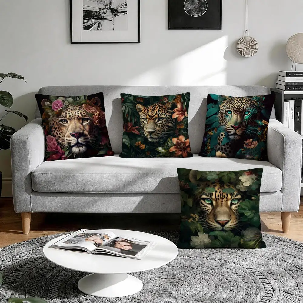 Fashion Leopard With Wreath Animals Cushion Cover Natural Breathable Durable Linen Printed Decor Pillow Case Sofa Bedroom