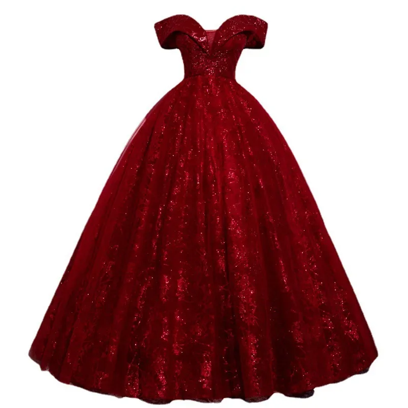 Nuevo vestido de noche largo y elegante con un solo hombro para azafata y examen de arte, vestido de tul rojo para mujer