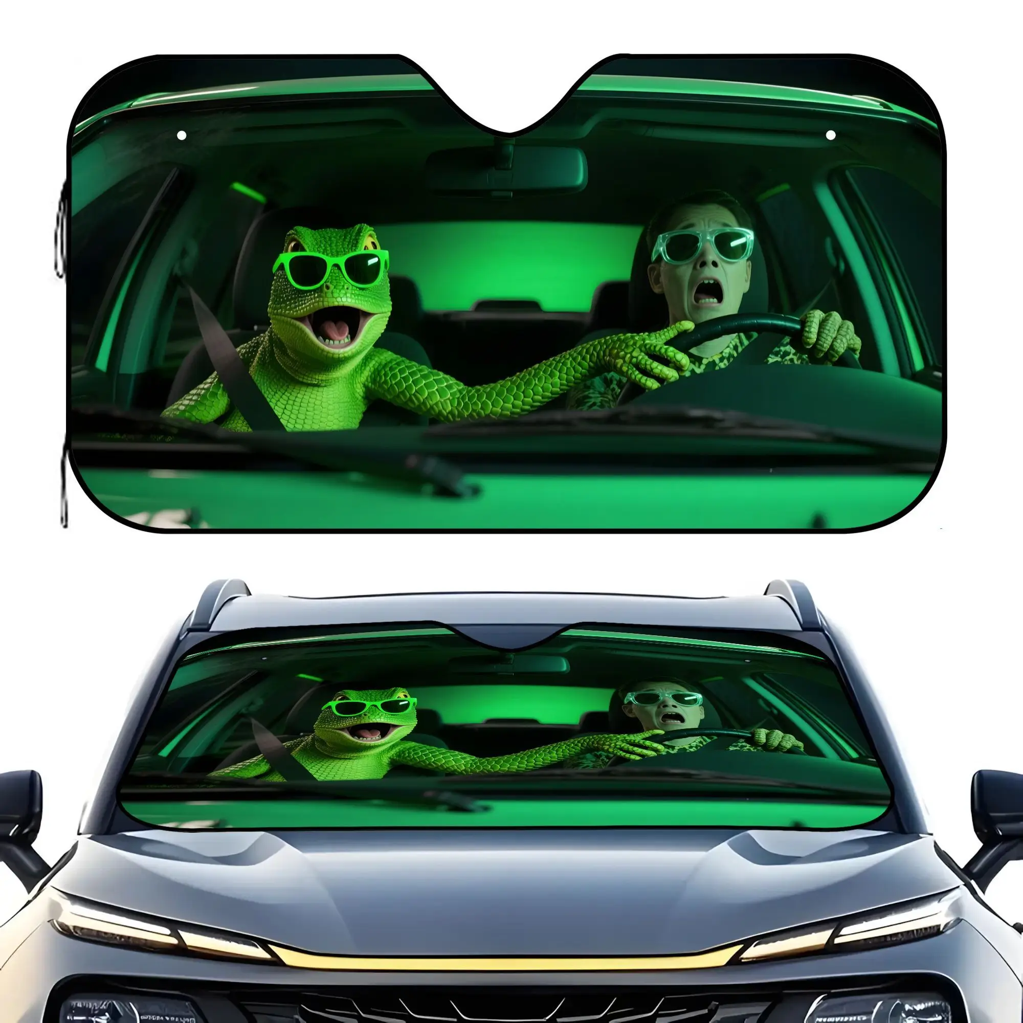 1 Lizard-Themed Car Sun Visor With UV Protection - Adjustable Roll-Up Front Windshield Cover For Summer Travel, Durable Polyeste