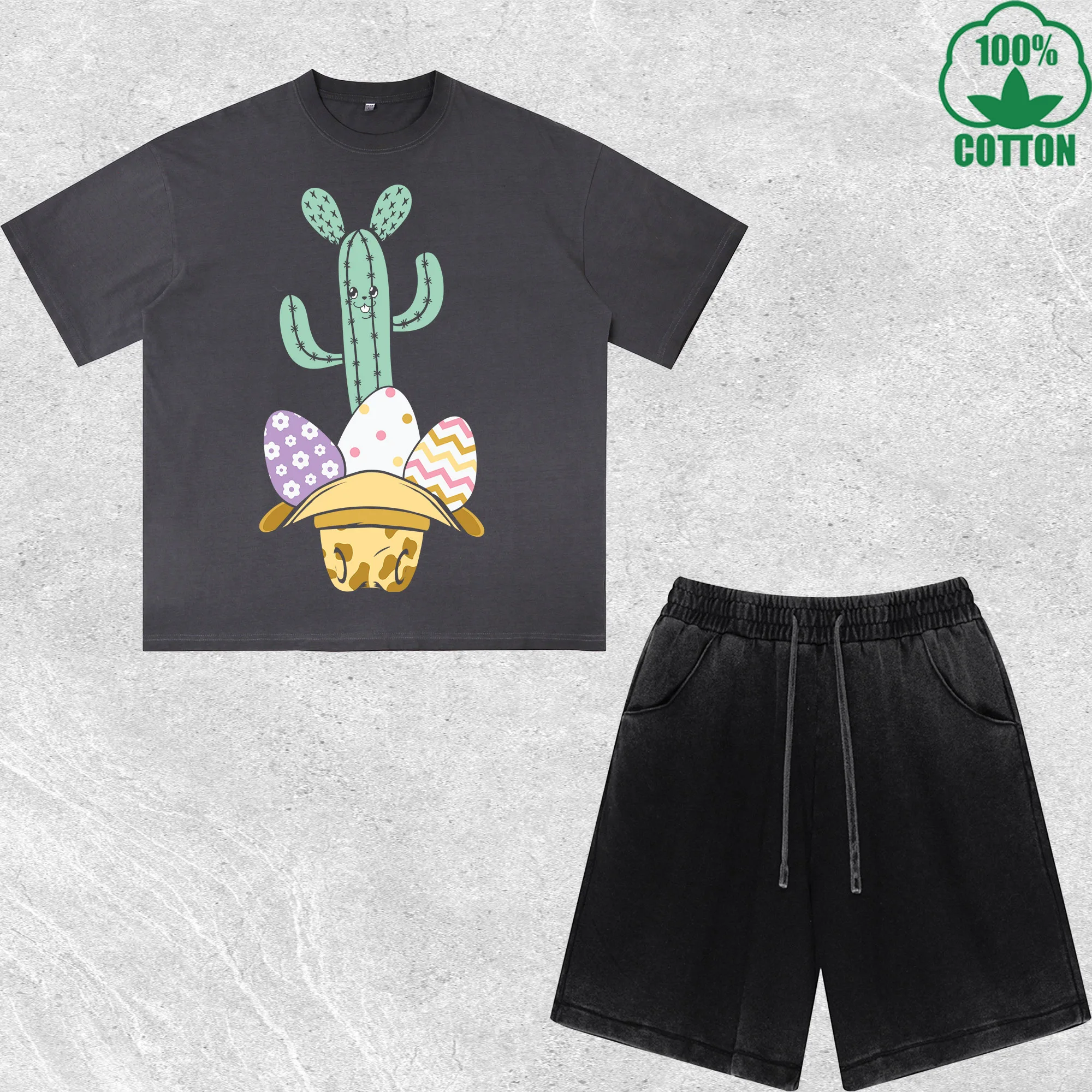 Western Easter Cactus Rabbit Printed Dirty Wash T-Shirt Shorts Set Multicolor Combo Loose Trendy Fashionable 100%Cotton
