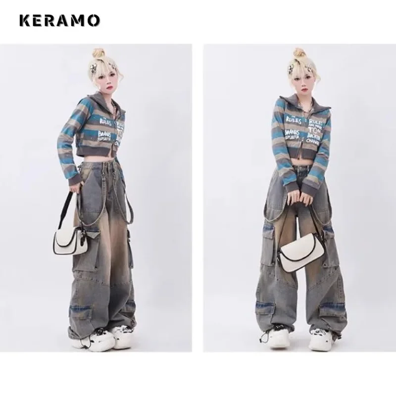 Women Vintage High Waist High Street Style Pockets Straight Jeans Baggy Pants Female Wide Leg Baggy Y2K Grunge Denim Trouser