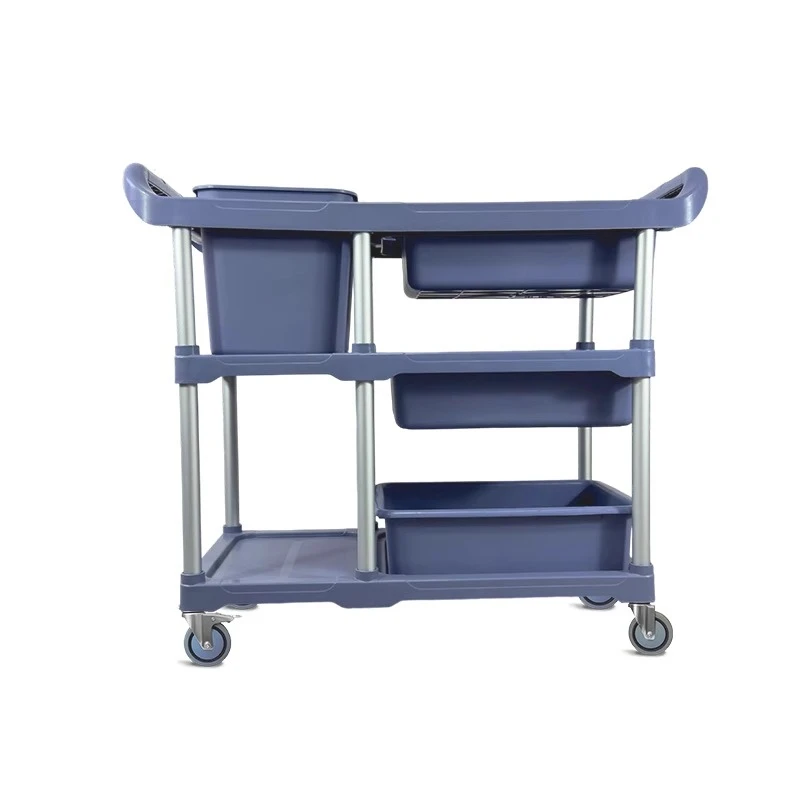 Hotel restaurant dining cart three-layer mobile meal withdrawal plastic trolley with trash can silent bowl collection