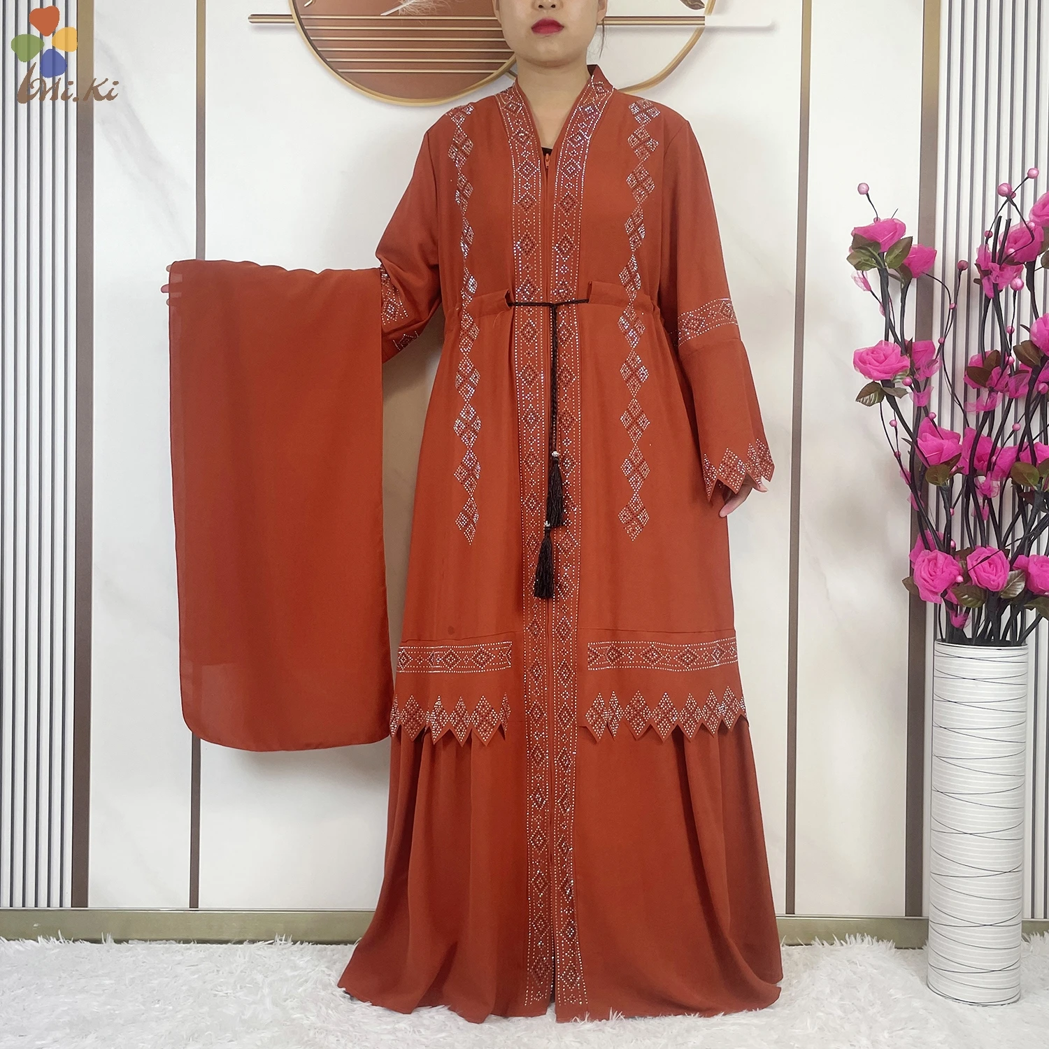 New Muslim Fashion Women Chiffon Hot Diamond Open Zipper Robe Dashiki African Abaya Women Robe Islamic Cardigan Robe Clothing