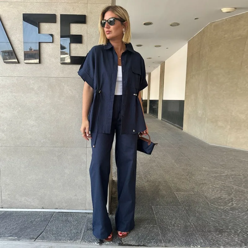 

A Two-piece Set European American Casual Workwear Style Drawstring Short-sleeved Shirt Fashionable Long Pants Women Cross-border