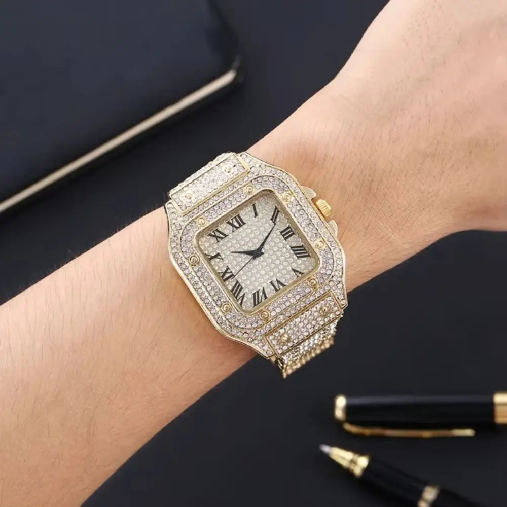 Waterproof Classic Luxury Business Watch Square Steel Strap Quartz Wristwatch Roman Scale Rhinestone Men Watch Jewelry Watch