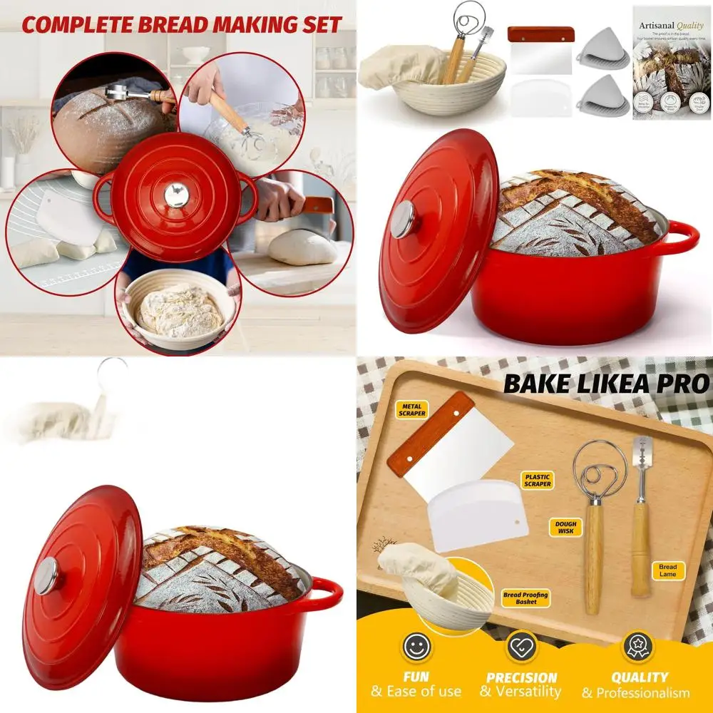 

Red Heavy-Duty 5QT Enamel Cast Iron Bread Oven with Proofing Basket for Baking, Roasting, and Stewing