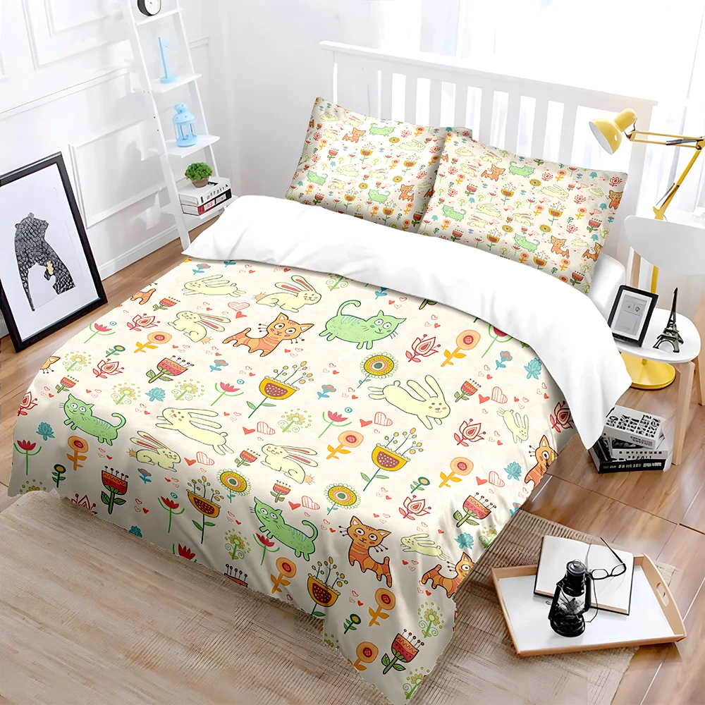 Cartoon cats rabbits and floral background Print Duvet Cover Set Digital Print Polyester Bedding with Zipper Closur kids gifts