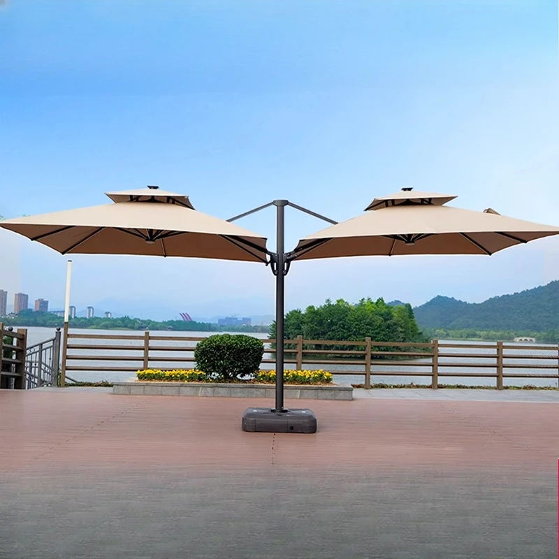 Outdoor Parasol Villa Garden Wind Resistant Solar Large Commercial Double Head Umbrella Sun Umbrella with Light