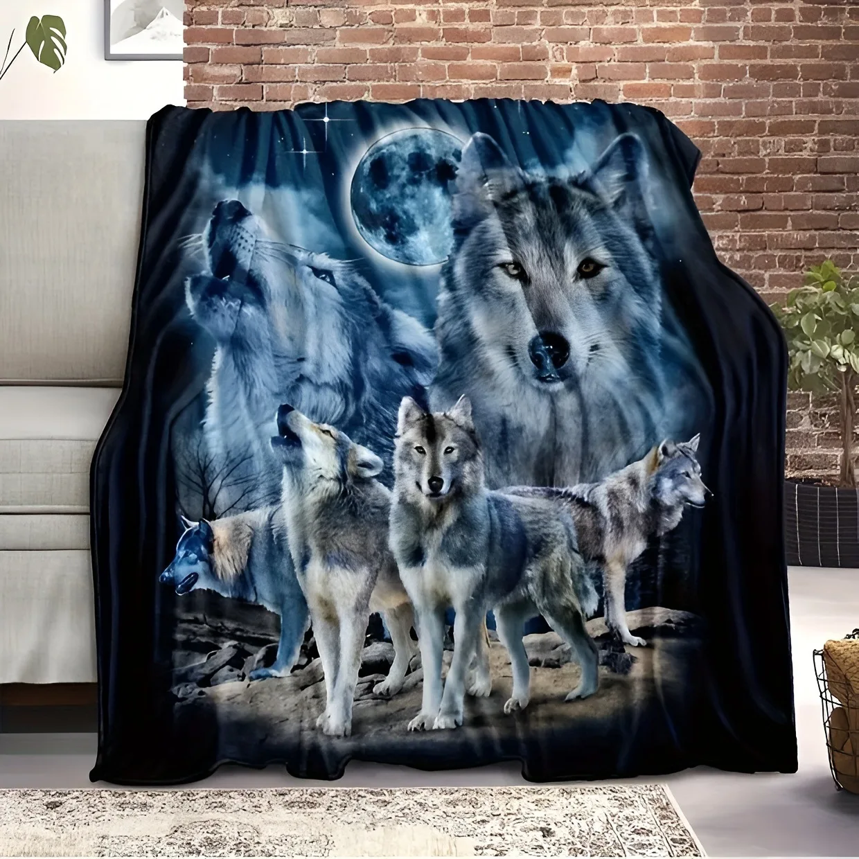 Wolf Series under the Moonlight digital-printed polyester velvet flannel cover blanket Fleece soft sofa cover blankets for beds