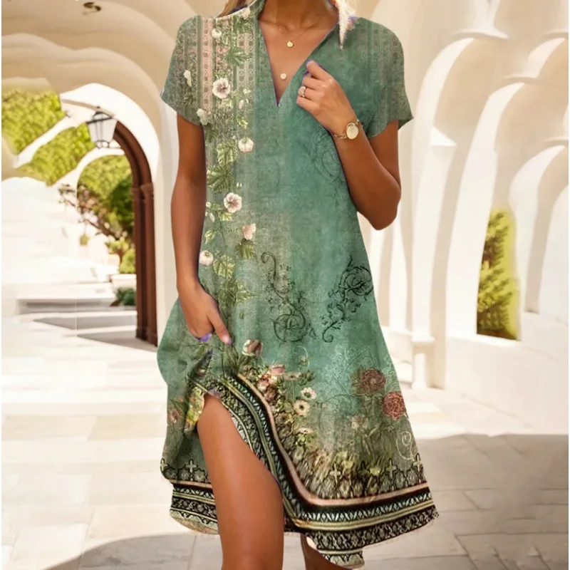 

Casual Retro Printed Short-sleeved Long Skirt Women 2025 Summer Loose V-neck Boho Beach Style Long Skirt Women