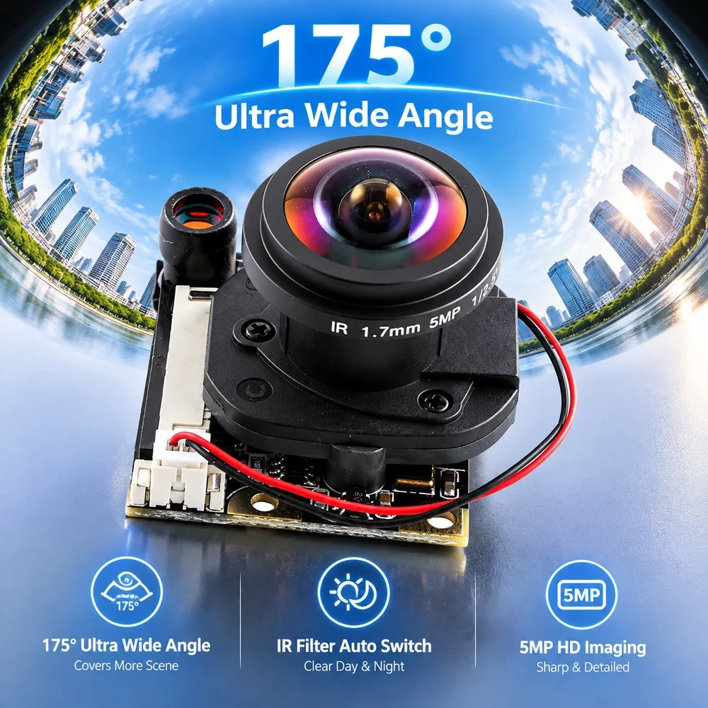 OV5647 Camera Module for Raspberry PI 5 ZERO 175 Degree FOV Wide Angle Fisheye 1.7MM 5MP HD Adjustable Automatic Switch IR-CUT