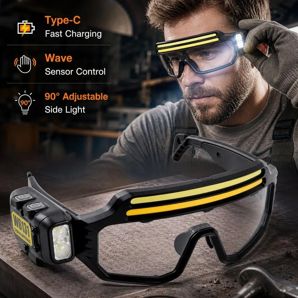 LED Glasses Headlamp Type‑C Rechargeable Work Light 3 Light Modes for Night Running Cycling Repair Work Outdoor Camping Fishing